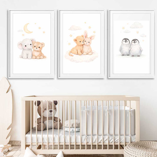 Moonlight Companions Set stretched canvas displayed from an angle in a room is a nursery canvas wall art and print suited for childrens nursery area