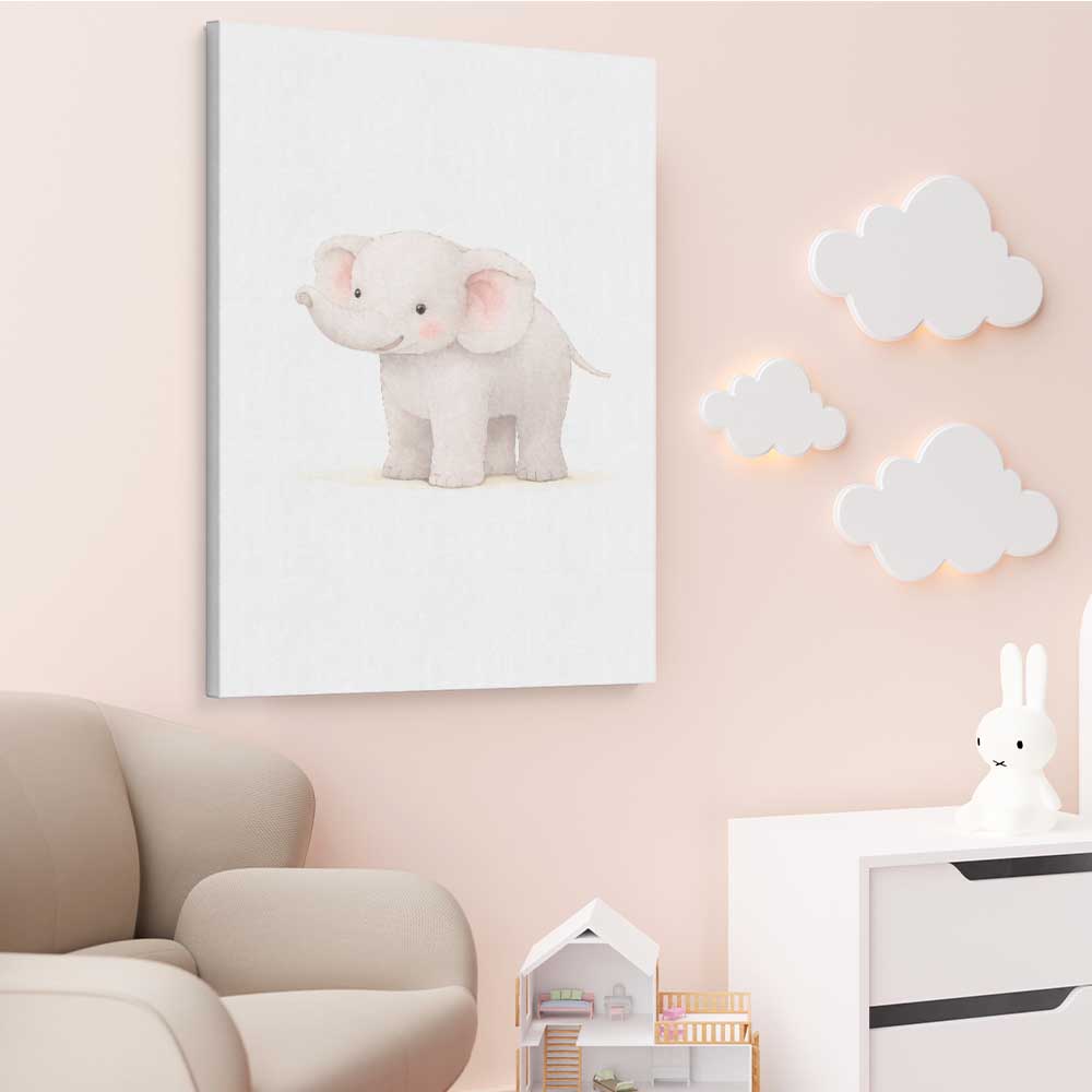 Little Elephant stretched canvas displayed from an angle in a room is a nursery canvas wall art and print suited for childrens nursery area