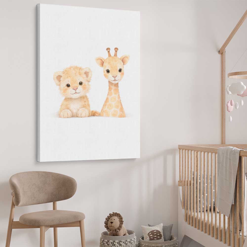 Little Safari Friends stretched canvas displayed from an angle in a room is a nursery canvas wall art and print suited for childrens nursery area