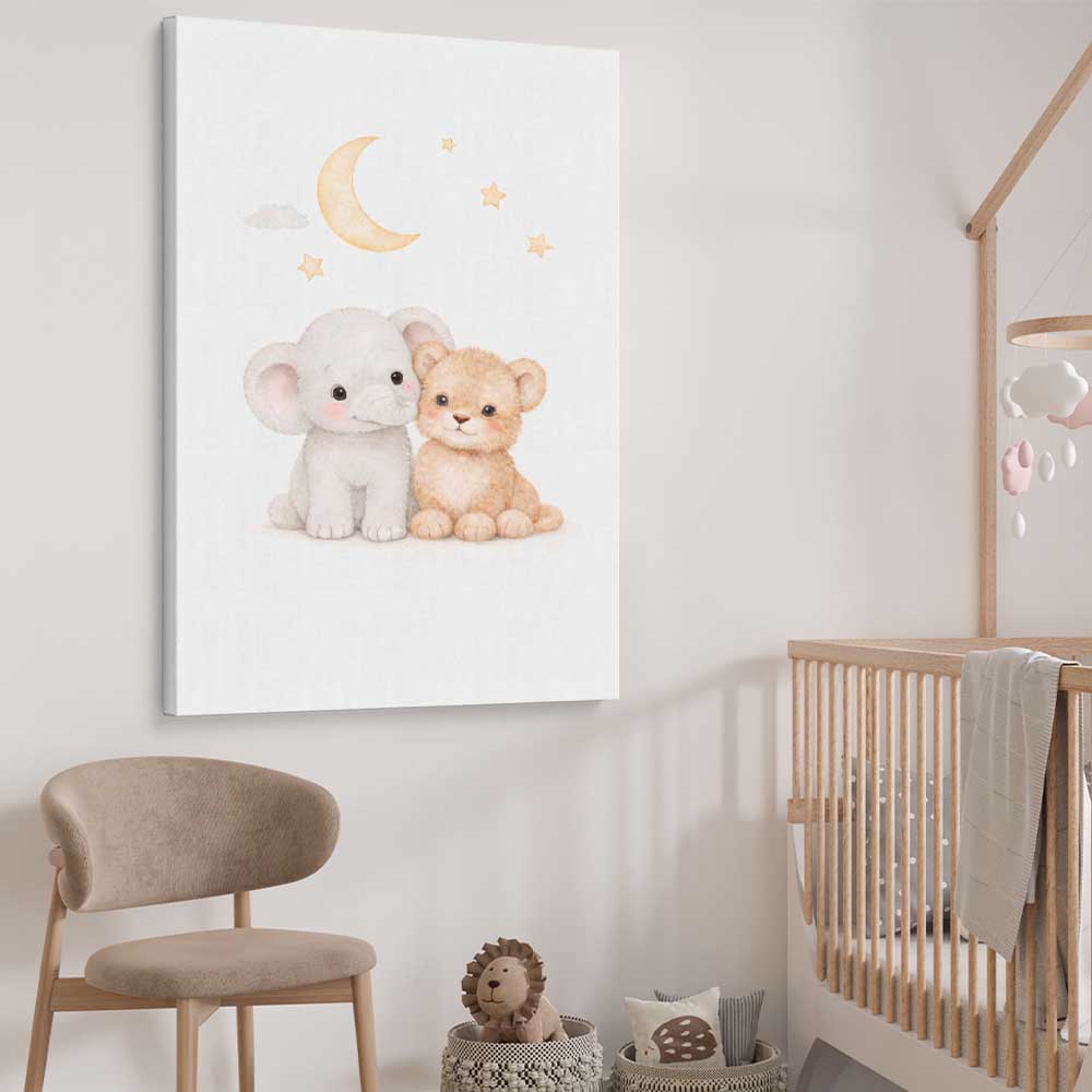 Moonlight Companions stretched canvas displayed from an angle in a room is a nursery canvas wall art and print suited for childrens nursery area