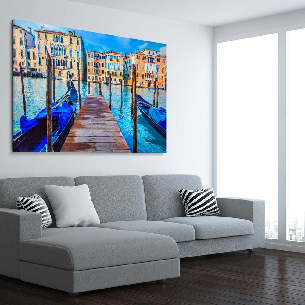 Blue Gondolas Venice stretched canvas displayed from an angle in a room is a high quality print in our city skyline, travel prints and maps collection