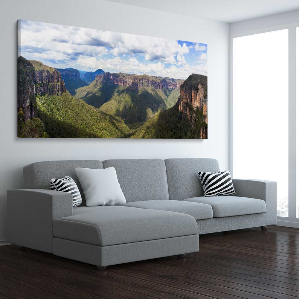 Blue Mountains Valley stretched canvas displayed from an angle in a room is a high quality print in our city skyline, travel prints and maps collection