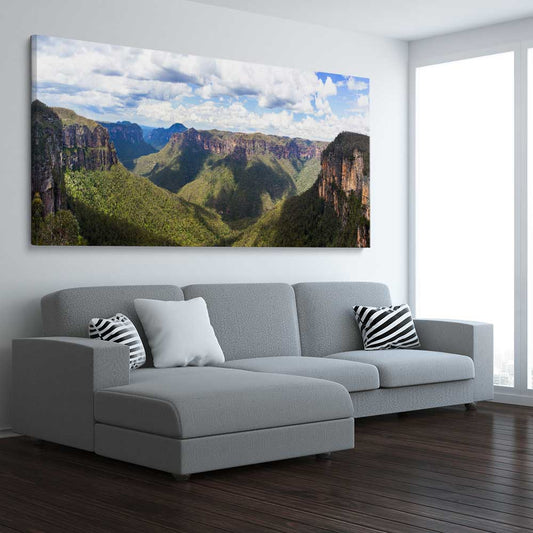 Blue Mountains Valley stretched canvas displayed from an angle in a room is a high quality print in our city skyline, travel prints and maps collection