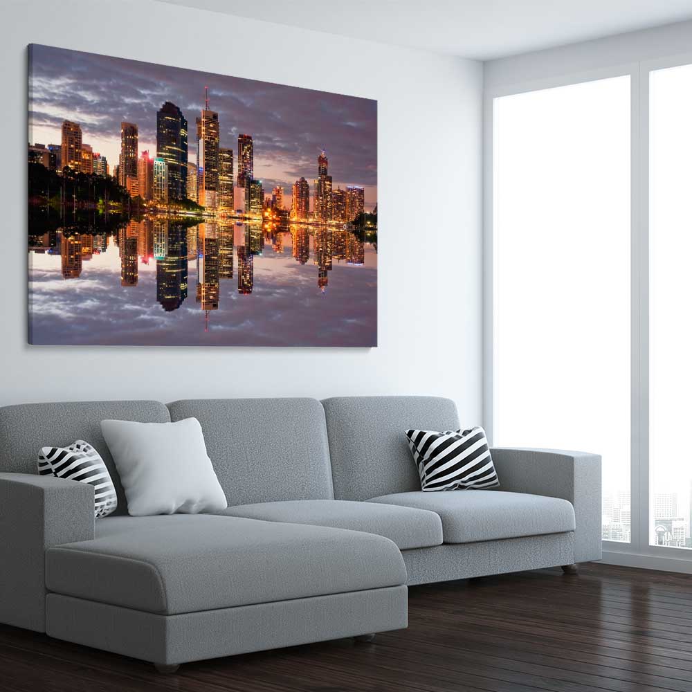 Brisbane City Reflections stretched canvas displayed from an angle in a room is a high quality print in our city skyline, travel prints and maps collection