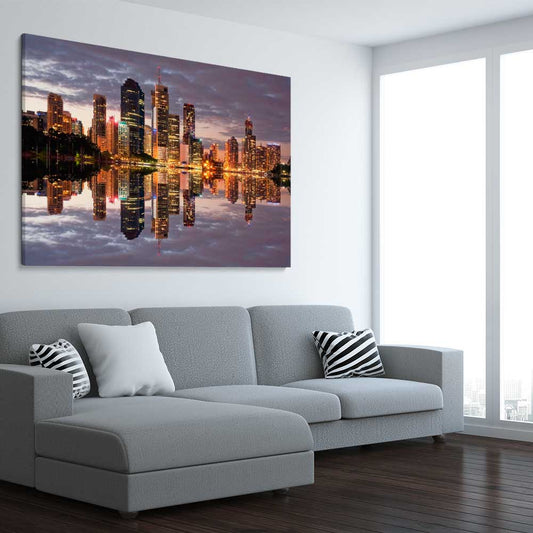 Brisbane City Reflections stretched canvas displayed from an angle in a room is a high quality print in our city skyline, travel prints and maps collection