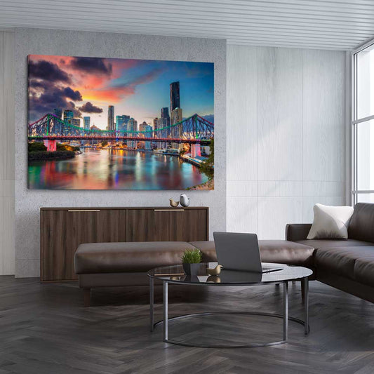 Brisbane Evening Sunset stretched canvas displayed from an angle in a room is a high quality print in our city skyline, travel prints and maps collection