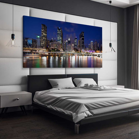 Brisbane Southbank Glow stretched canvas displayed from an angle in a room is a high quality print in our city skyline, travel prints and maps collection