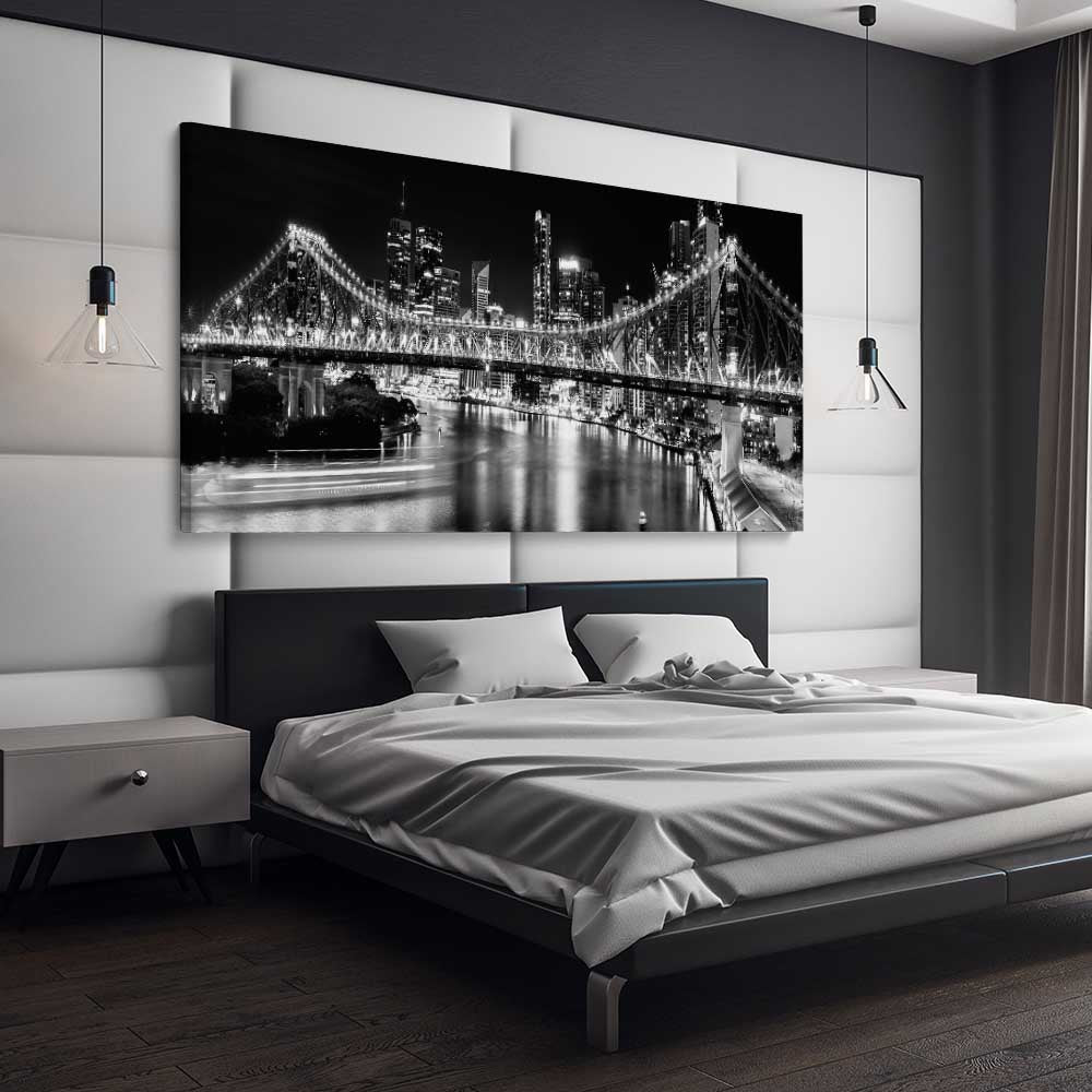 Brisbane Story Bridge stretched canvas displayed from an angle in a room is a high quality print in our city skyline, travel prints and maps collection