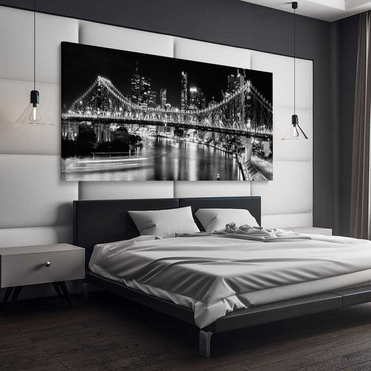 Brisbane Story Bridge stretched canvas displayed from an angle in a room is a high quality print in our city skyline, travel prints and maps collection