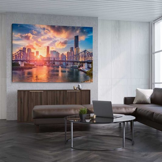 Brisbane Sunset Glow stretched canvas displayed from an angle in a room is a high quality print in our city skyline, travel prints and maps collection