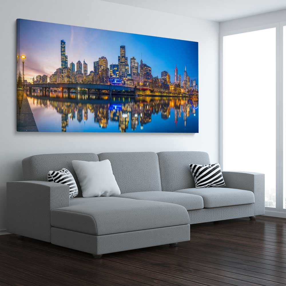 City Reflections Melbourne stretched canvas displayed from an angle in a room is a high quality print in our city skyline, travel prints and maps collection