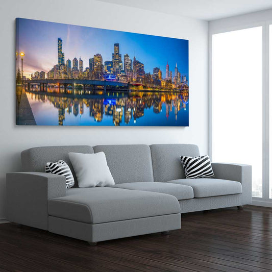 City Reflections Melbourne stretched canvas displayed from an angle in a room is a high quality print in our city skyline, travel prints and maps collection