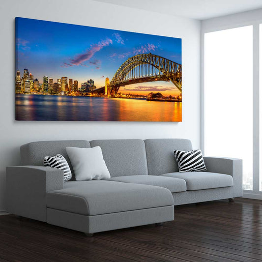 Darling Harbour stretched canvas displayed from an angle in a room is a high quality print in our city skyline, travel prints and maps collection