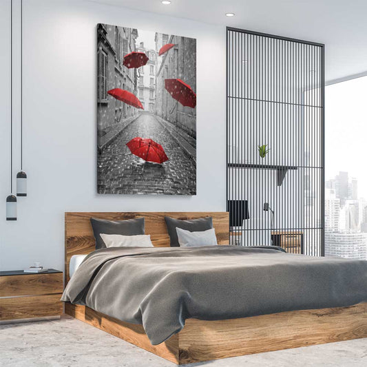 Flying Red Umbrellas stretched canvas displayed from an angle in a room is a high quality print in our city skyline, travel prints and maps collection