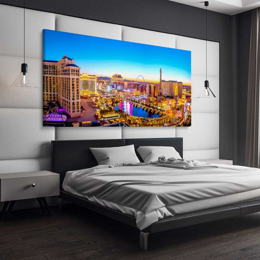 Golden Vegas stretched canvas displayed from an angle in a room is a high quality print in our city skyline, travel prints and maps collection