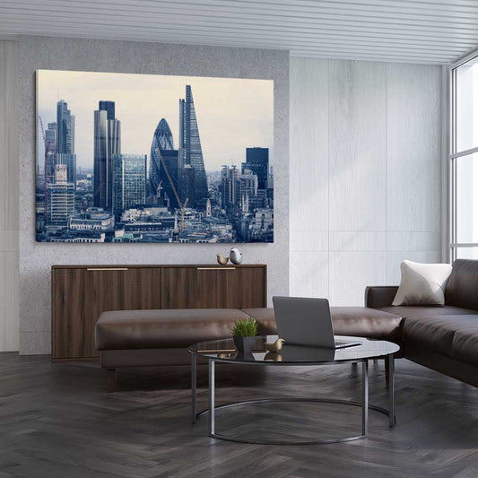 London Cityscape stretched canvas displayed from an angle in a room is a high quality print in our city skyline, travel prints and maps collection