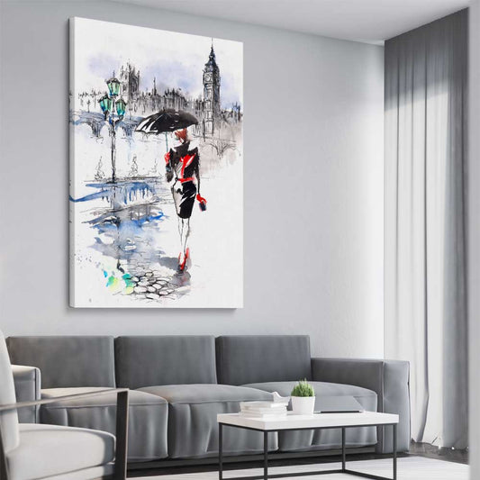 London Elegance stretched canvas displayed from an angle in a room is a high quality print in our city skyline, travel prints and maps collection