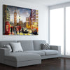 London Night Rain stretched canvas displayed from an angle in a room is a high quality print in our city skyline, travel prints and maps collection