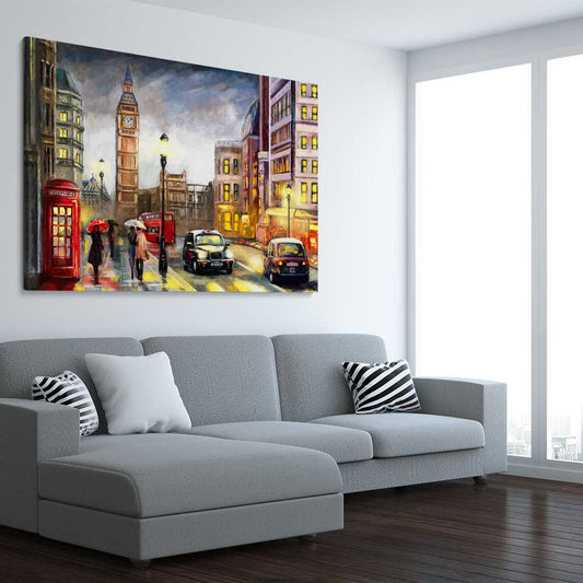 London Night Rain stretched canvas displayed from an angle in a room is a high quality print in our city skyline, travel prints and maps collection