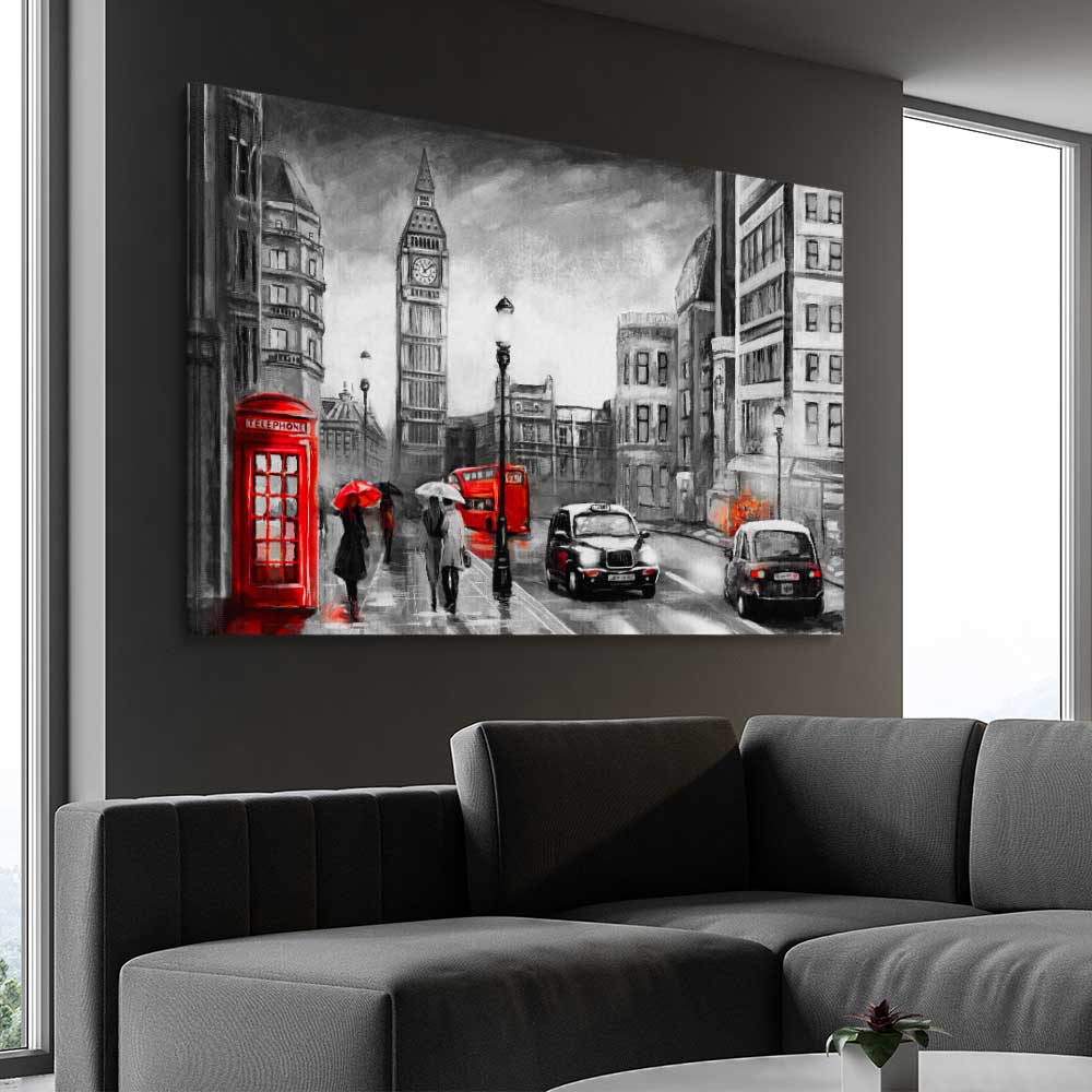 London Streetscape stretched canvas displayed from an angle in a room is a high quality print in our city skyline, travel prints and maps collection