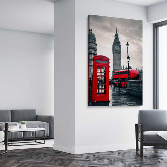 London Telephone Box stretched canvas displayed from an angle in a room is a high quality print in our city skyline, travel prints and maps collection