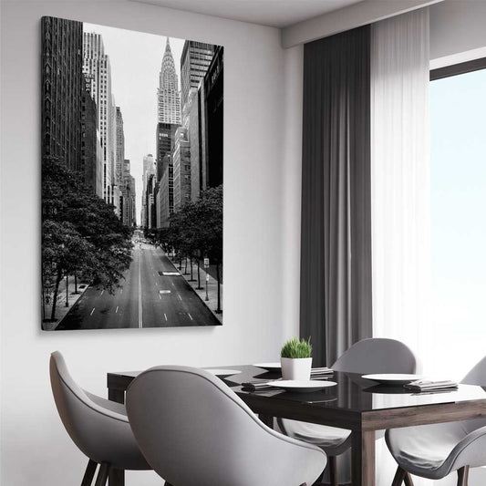 Manhattan Street stretched canvas displayed from an angle in a room is a high quality print in our city skyline, travel prints and maps collection