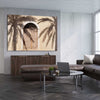Marrakech Palm Shadows stretched canvas displayed from an angle in a room is a high quality print in our city skyline, travel prints and maps collection