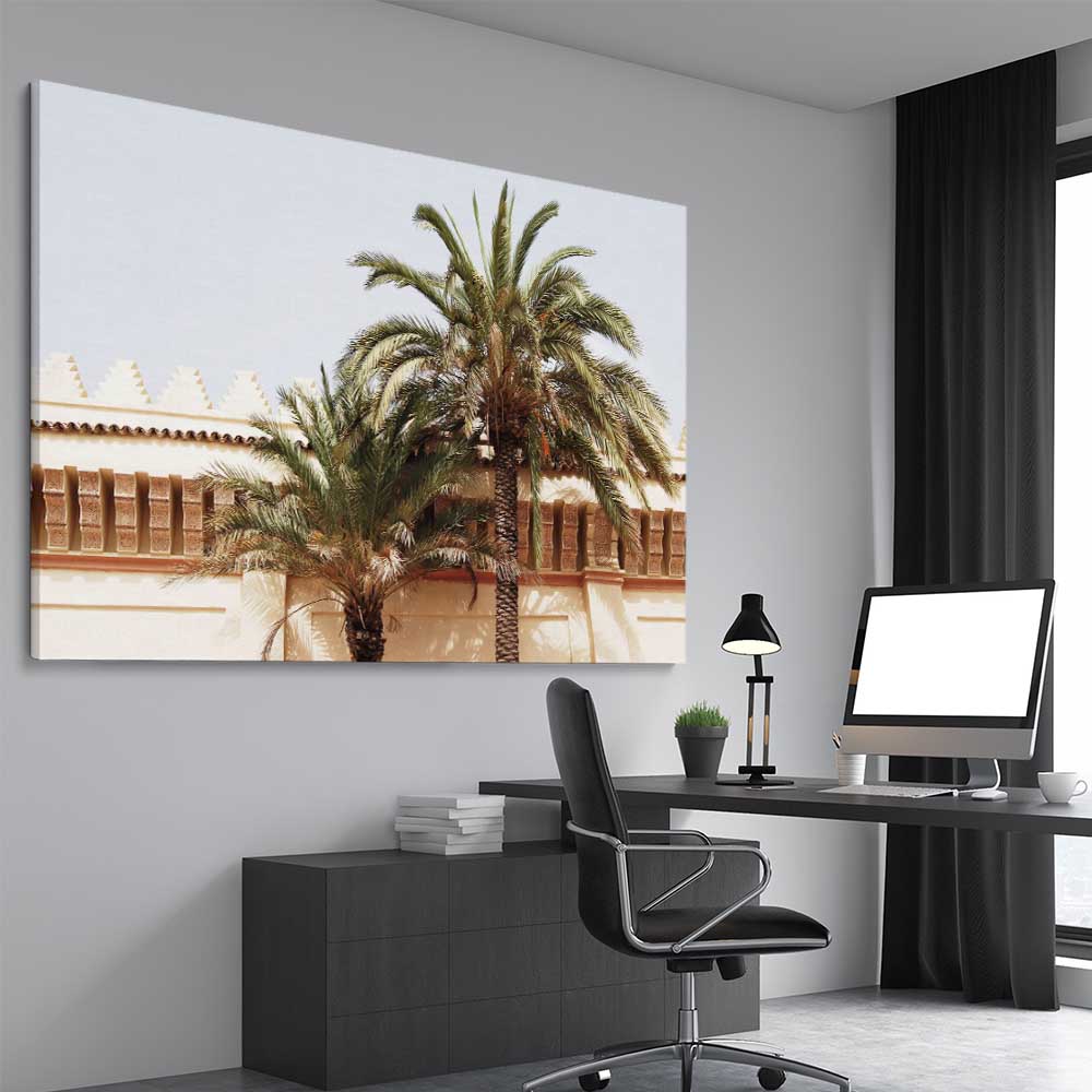 Marrakech Palm Walls stretched canvas displayed from an angle in a room is a high quality print in our city skyline, travel prints and maps collection