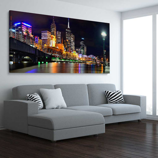 Melbourne City Lights stretched canvas displayed from an angle in a room is a high quality print in our city skyline, travel prints and maps collection