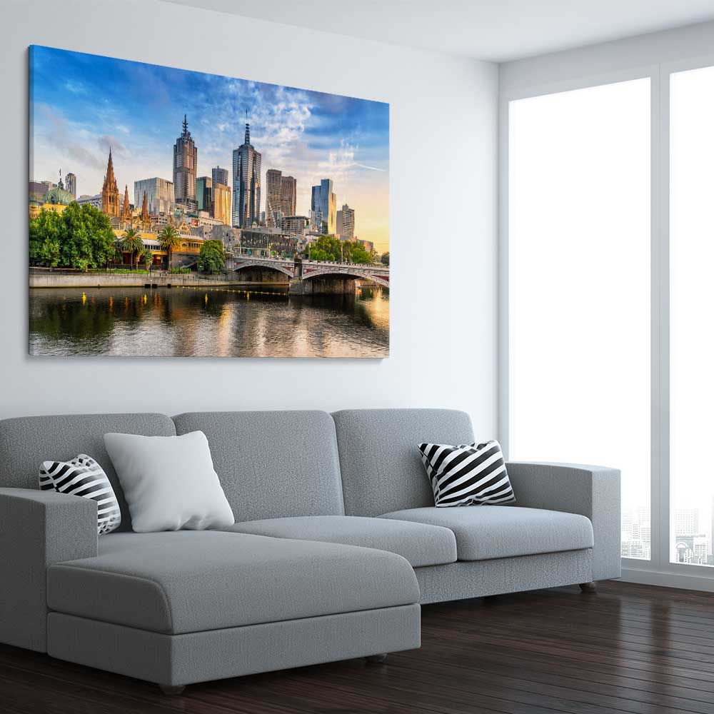 Melbourne Golden Skyline stretched canvas displayed from an angle in a room is a high quality print in our city skyline, travel prints and maps collection