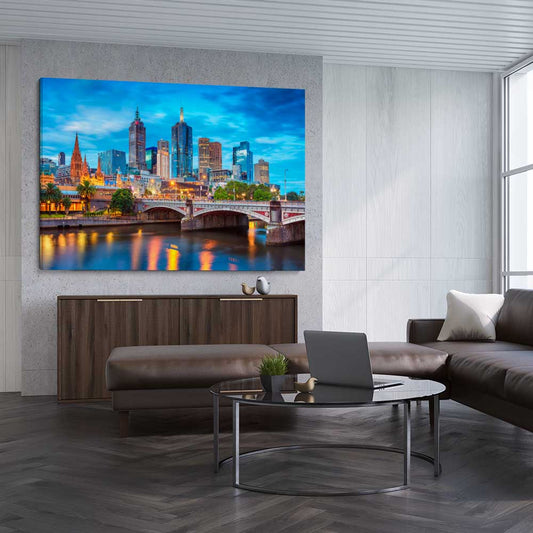 Melbourne Twilight Skyline stretched canvas displayed from an angle in a room is a high quality print in our city skyline, travel prints and maps collection
