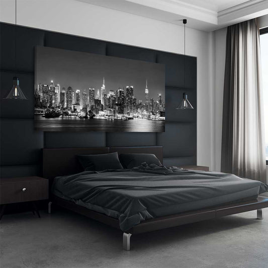 Midtown Manhattan stretched canvas displayed from an angle in a room is a high quality print in our city skyline, travel prints and maps collection
