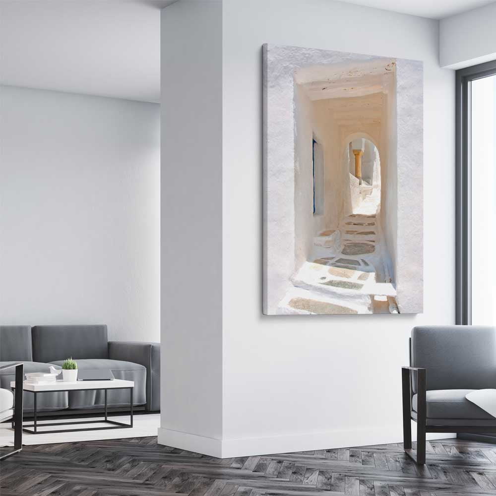 Moroccan Archway stretched canvas displayed from an angle in a room is a high quality print in our city skyline, travel prints and maps collection