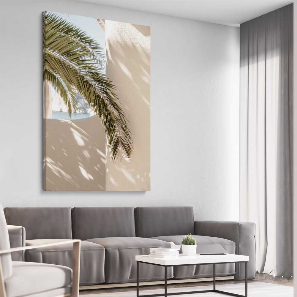 Moroccan Palm Shadow stretched canvas displayed from an angle in a room is a high quality print in our city skyline, travel prints and maps collection