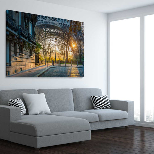Paris Evening Light stretched canvas displayed from an angle in a room is a high quality print in our city skyline, travel prints and maps collection
