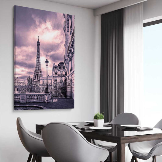 Paris Skyline Noir stretched canvas displayed from an angle in a room is a high quality print in our city skyline, travel prints and maps collection