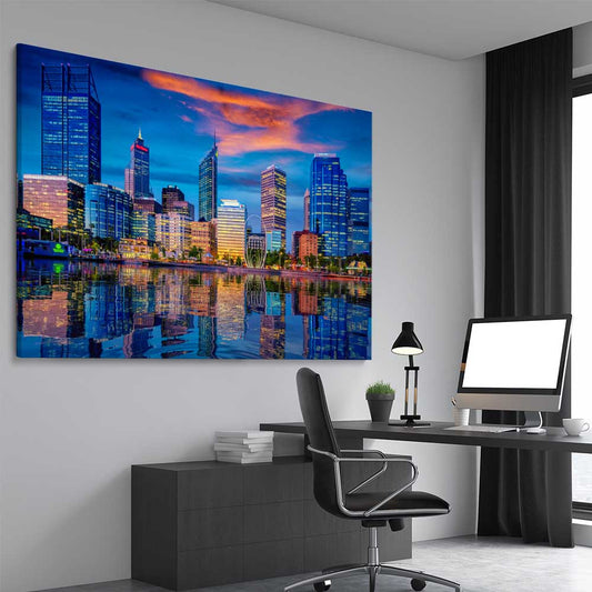 Perth Skyline Sunset stretched canvas displayed from an angle in a room is a high quality print in our city skyline, travel prints and maps collection
