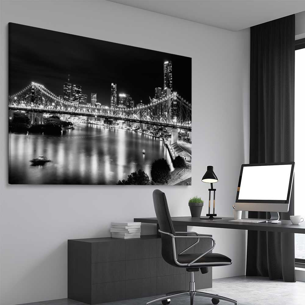 Story Bridge Monochrome stretched canvas displayed from an angle in a room is a high quality print in our city skyline, travel prints and maps collection