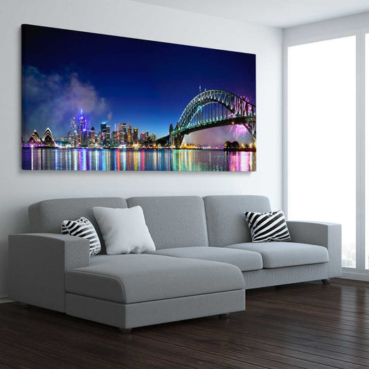 Sydney Harbour Lights stretched canvas displayed from an angle in a room is a high quality print in our city skyline, travel prints and maps collection