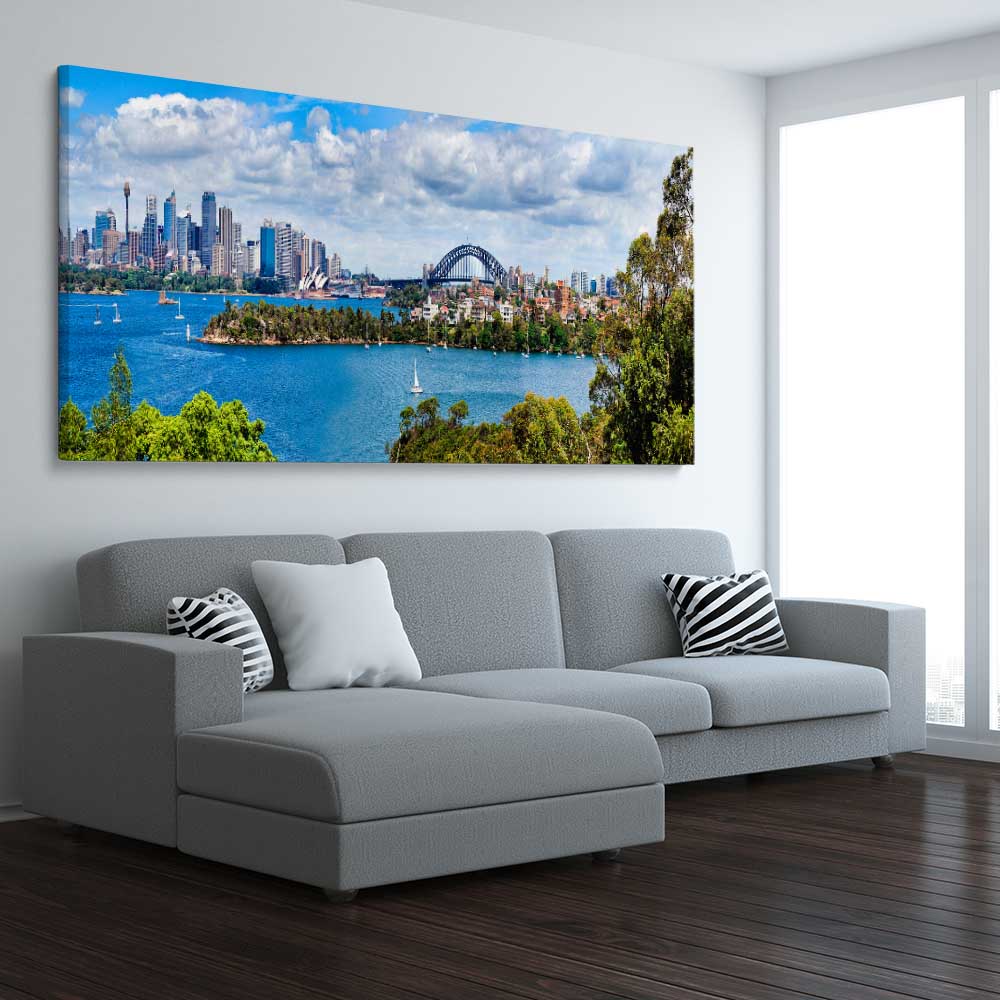 Sydney Harbour Panorama stretched canvas displayed from an angle in a room is a high quality print in our city skyline, travel prints and maps collection