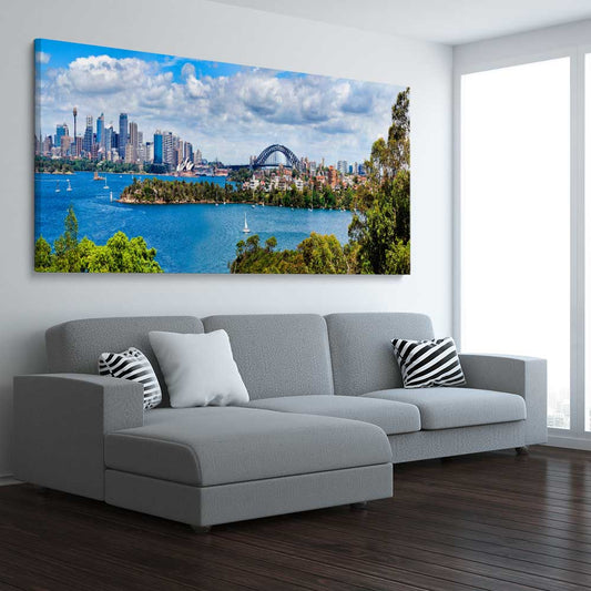 Sydney Harbour Panorama stretched canvas displayed from an angle in a room is a high quality print in our city skyline, travel prints and maps collection