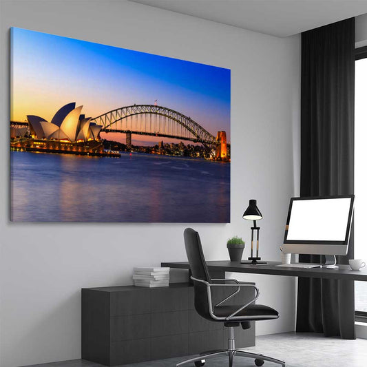 Sydney Harbour Sunset stretched canvas displayed from an angle in a room is a high quality print in our city skyline, travel prints and maps collection