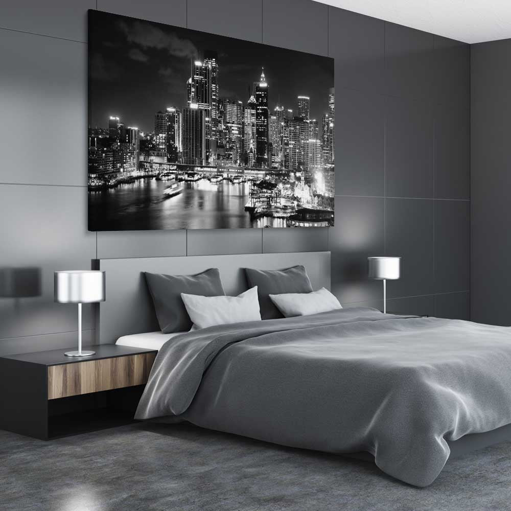 Sydney Night Skyline stretched canvas displayed from an angle in a room is a high quality print in our city skyline, travel prints and maps collection