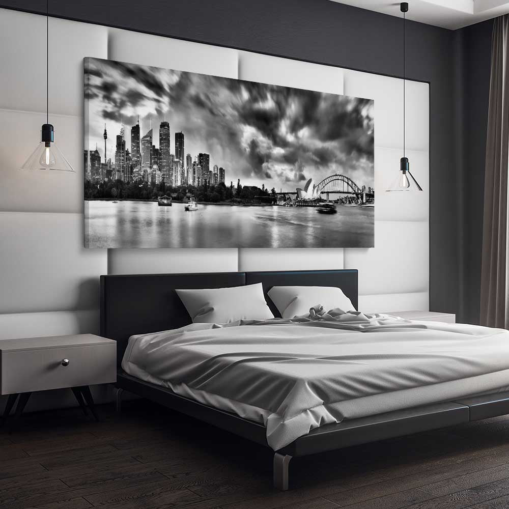 Sydney Skyline Noir stretched canvas displayed from an angle in a room is a high quality print in our city skyline, travel prints and maps collection
