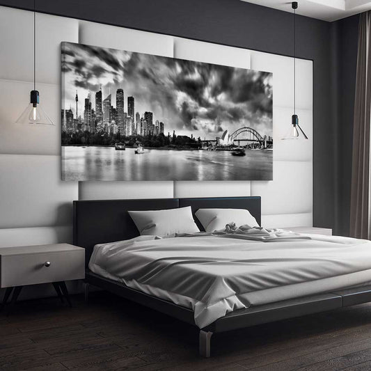 Sydney Skyline Noir stretched canvas displayed from an angle in a room is a high quality print in our city skyline, travel prints and maps collection