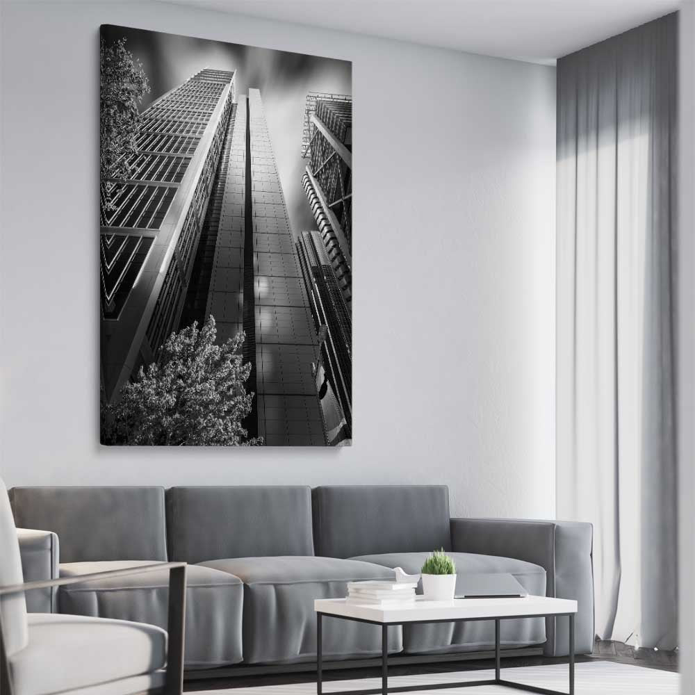 Sydney Skyscrapers stretched canvas displayed from an angle in a room is a high quality print in our city skyline, travel prints and maps collection