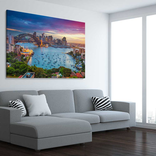 Sydney Sunset stretched canvas displayed from an angle in a room is a high quality print in our city skyline, travel prints and maps collection