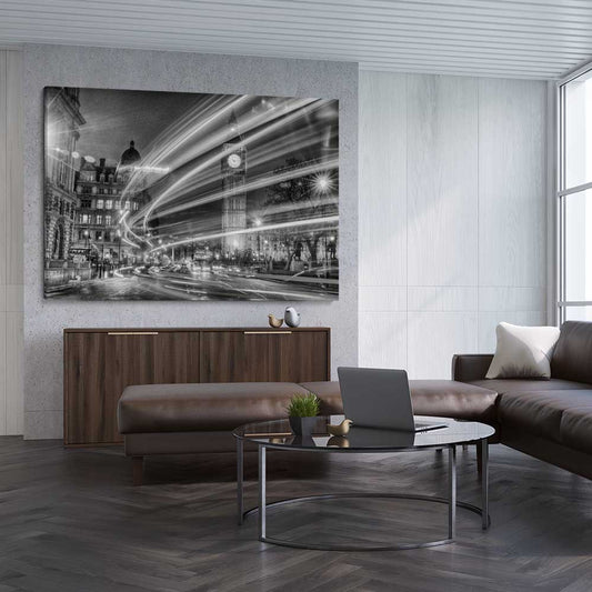 Urban London Lights stretched canvas displayed from an angle in a room is a high quality print in our city skyline, travel prints and maps collection