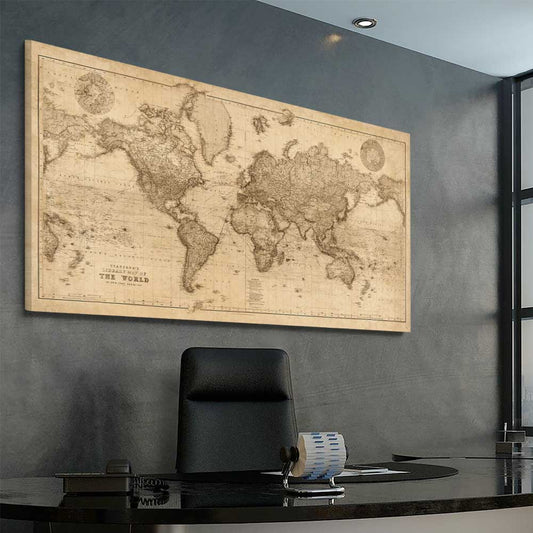 Vintage Map stretched canvas displayed from an angle in a room is a high quality print in our city skyline, travel prints and maps collection