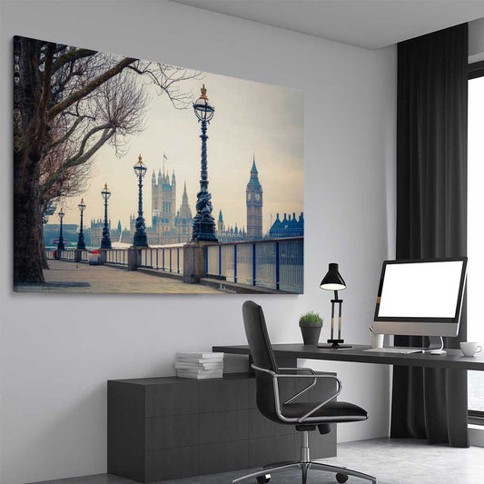 Westminster View stretched canvas displayed from an angle in a room is a high quality print in our city skyline, travel prints and maps collection